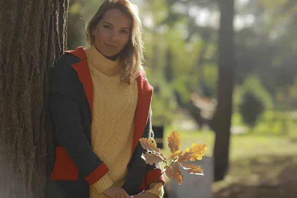秋の眺め 一人の女の子が公園の中を歩く 黄色い葉 秋の公園 寂しい女の子が秋の公園で休んでいる — ストック写真