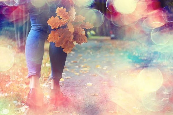 Осенний Вид Одна Девушка Гуляет Парке Желтые Листья Осенний Парк — стоковое фото