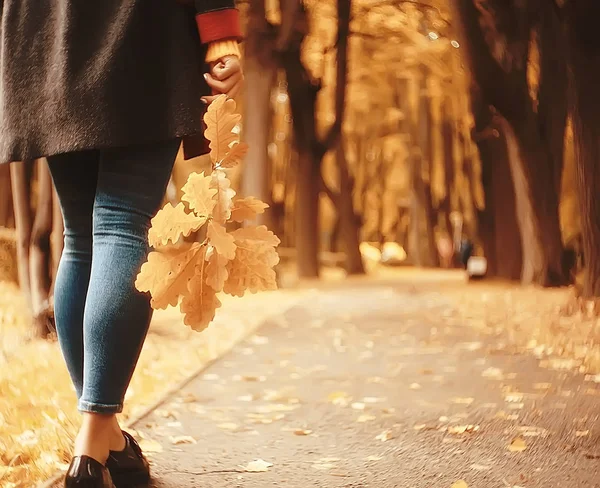 Vue Automne Une Fille Promène Dans Parc Feuilles Jaunes Parc — Photo