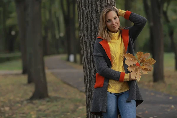 Herbst Ansicht Ein Mädchen Geht Park Gelbe Blätter Herbst Park — Stockfoto