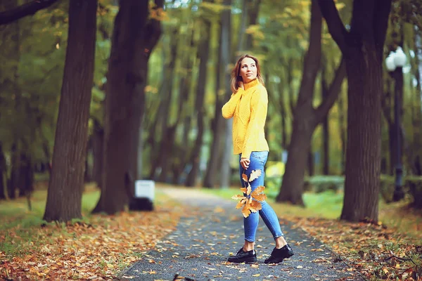 Vista Autunnale Una Ragazza Cammina Nel Parco Foglie Gialle Parco — Foto Stock