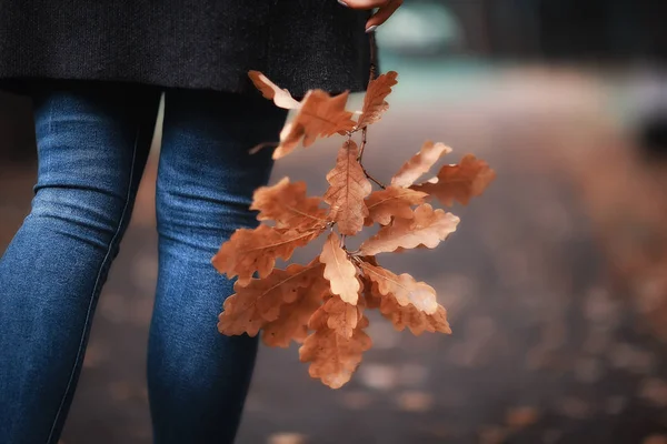 落ち葉が園内を歩く独身女の子の手に 秋の憂鬱な気分をコンセプトに — ストック写真