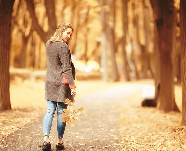 Vista Otoño Una Chica Camina Parque Hojas Amarillas Parque Otoño — Foto de Stock