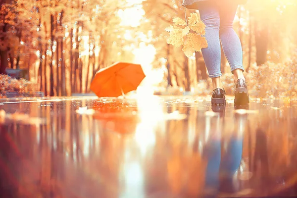 Paysage Automne Dans Parc Fille Avec Parapluie Rouge Concept Pluie — Photo