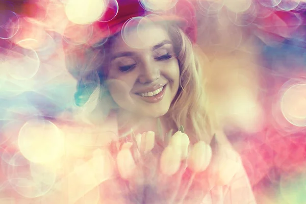 Blurred Background Spring Portrait Girl Happy Glam Photo Pink Bokeh — Stock Photo, Image