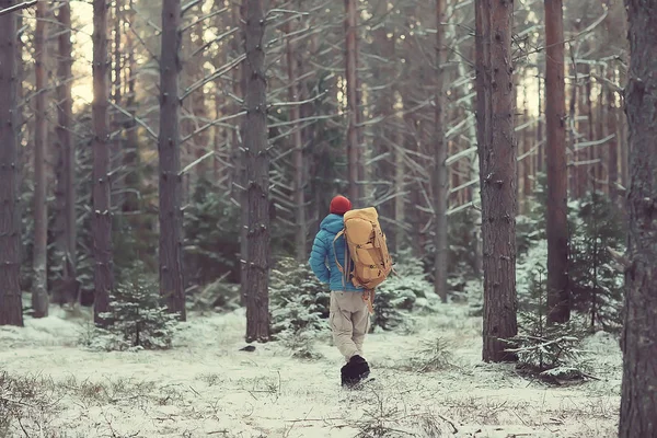 冬の森の観光客 男は森 雪や木と冬の風景を背景に旅行 — ストック写真