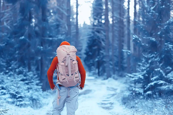 Rückansicht Eines Touristen Mit Rucksack Beim Wandern Winter Norwegen Ein — Stockfoto