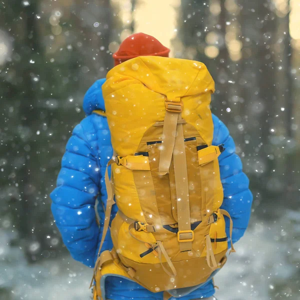 Vista Posteriore Del Turista Con Zaino Escursionismo Inverno Norvegia Uomo — Foto Stock