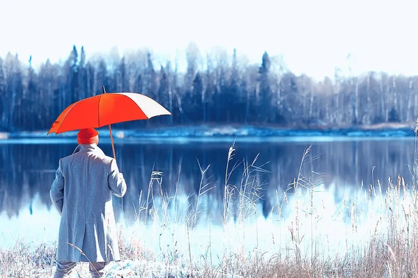 Winter Walk Umbrella Man Coat Umbrella Walk Backdrop Winter Landscape — 스톡 사진