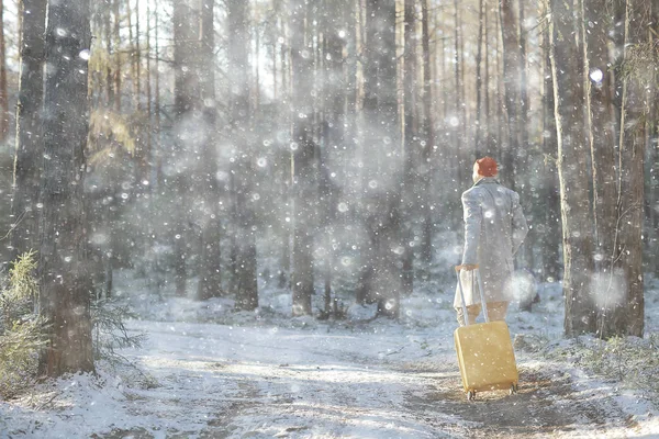 Turysta Lesie Zimowym Facet Podróżuje Tle Zimowego Krajobrazu Lasem Śniegiem — Zdjęcie stockowe