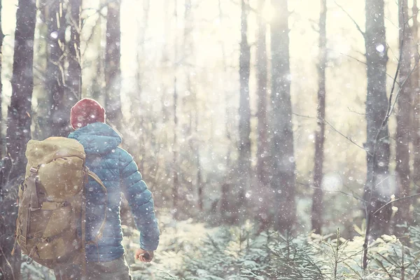 Norveç'te kışın sırt çantası yürüyüş ile turist arka görünümü / Norveç kış manzara sırt çantası taşıyan bir adam.