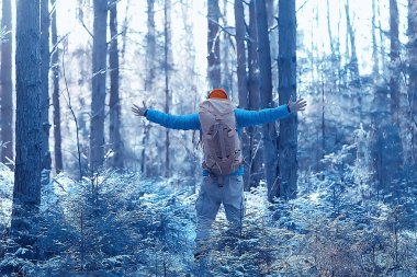 arkadan turist görünümü / bir sırt çantası ile bir adam giden görünümü, kış ormanı geçer