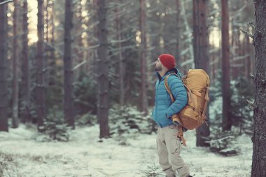 arkadan turist görünümü / bir sırt çantası ile bir adam giden görünümü, kış ormanı geçer