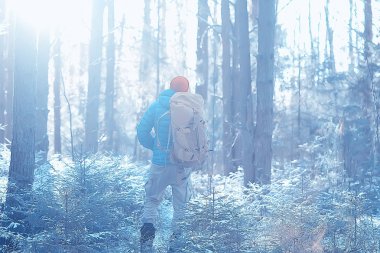 arkadan turist görünümü / bir sırt çantası ile bir adam giden görünümü, kış ormanı geçer