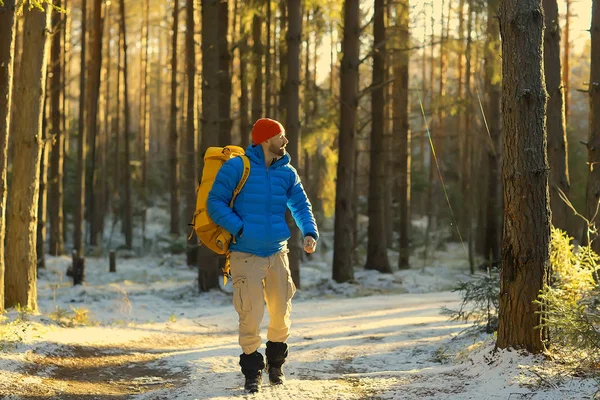 游客在冬季森林 家伙旅行的背景与森林 雪和树木的冬季景观 — 图库照片