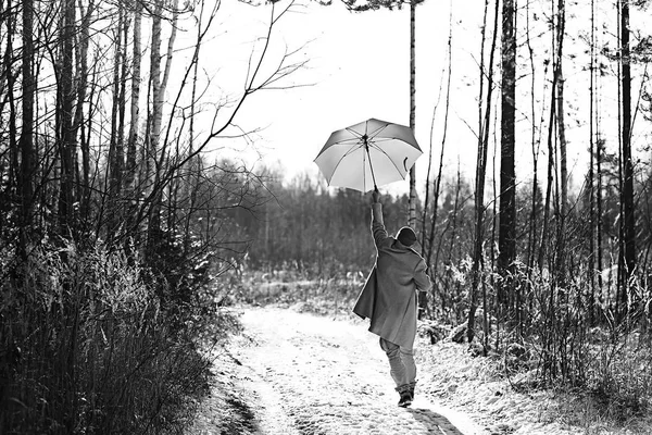Winter Walk Umbrella Man Coat Umbrella Walk Backdrop Winter Landscape — 스톡 사진