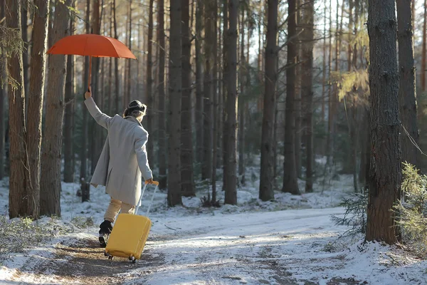 Winter Walk Umbrella Man Coat Umbrella Walk Backdrop Winter Landscape — Stock Photo, Image