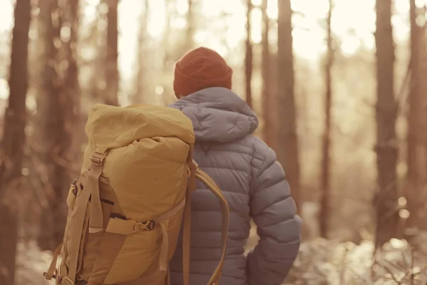 Winter Landscape Forest Backpack Man Traveler Modern Winter Clothes Forest — Stock Photo, Image
