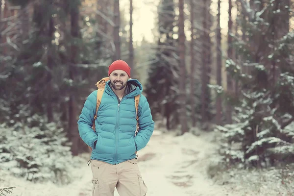 Winter Landscape Forest Backpack Man Traveler Modern Winter Clothes Forest — Stock Photo, Image