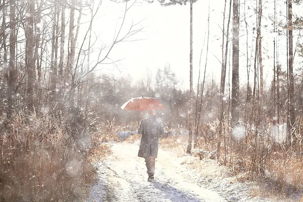 Зимова Прогулянка Парасолькою Людиною Пальто Парасолькою Прогулянка Тлі Зимового Пейзажу — стокове фото