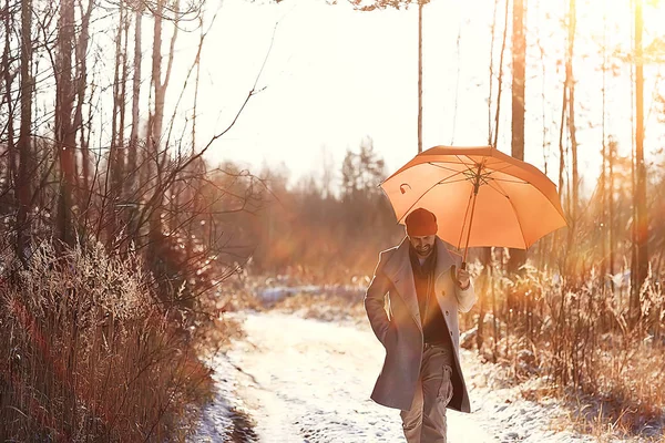 Winter Walk Umbrella Man Coat Umbrella Walk Backdrop Winter Landscape — 스톡 사진