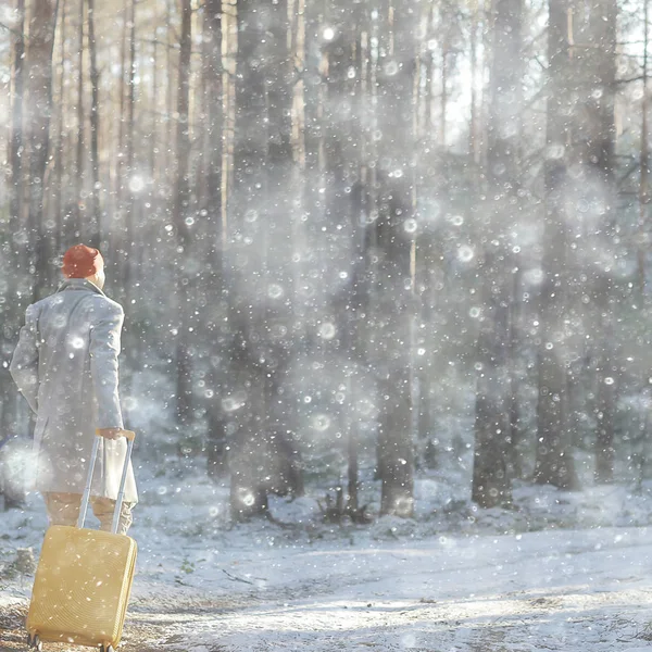 Turista Nella Foresta Invernale Ragazzo Viaggia Sullo Sfondo Paesaggio Invernale — Foto Stock