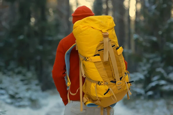 Achteraanzicht Van Toerist Met Rugzak Wandelen Winter Noorwegen Een Man — Stockfoto