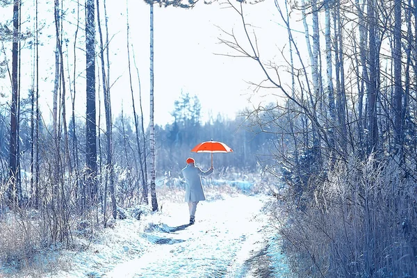 winter walk with an umbrella / man in a coat with an umbrella, walk against the backdrop of the winter landscape, winter view