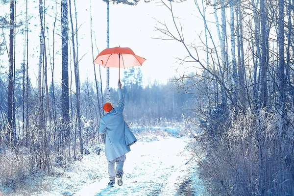 winter walk with an umbrella / man in a coat with an umbrella, walk against the backdrop of the winter landscape, winter view