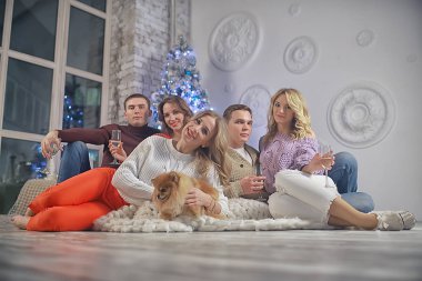 insanlar ve şampanya ile kız ve erkek Noel akşamı yeni yıl iç / arkadaşlar bir köpek grubu