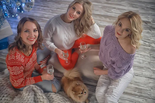 Noel Kız Arkadaşı Kız Arkadaşı Kızlar Yılbaşı Tatilinde Şampanya Içmek — Stok fotoğraf