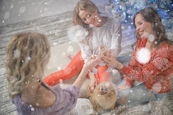 Kerst Vriendin Vriendin Meisjes Drinken Champagne New Year Holiday Vrouwen — Stockfoto