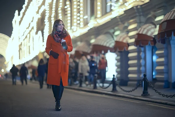 Winter Night City Lights Adult Girl Coat Walk City Fashionable — Stock Photo, Image