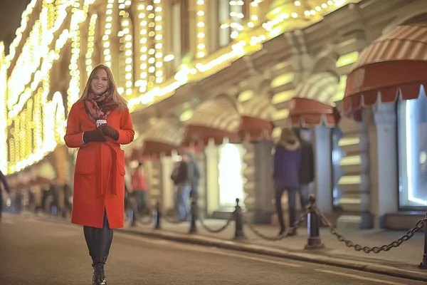 Winter Night City Lights Adult Girl Coat Walk City Fashionable — Stock Photo, Image