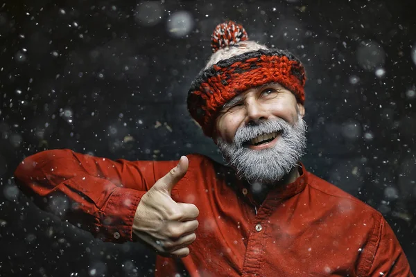 Hipster Noel Baba Kış Portresi Sakallı Bir Adamın Gri Sakal — Stok fotoğraf