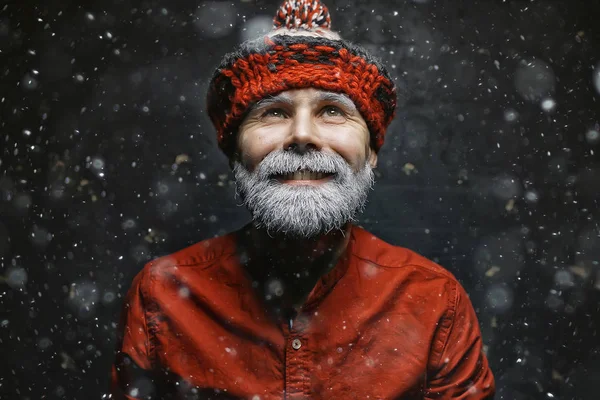 Hipster Święty Mikołaj Zimowy Portret Mężczyzny Brodą Szary Brodę Wąsy — Zdjęcie stockowe