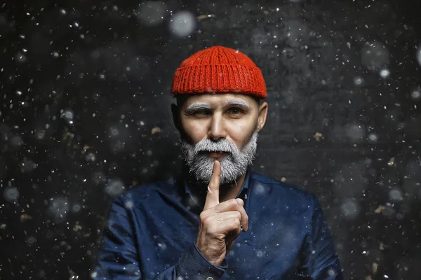 Brutal Hipster Com Cinza Barba Natal Inverno Retrato Brutal Santa — Fotografia de Stock