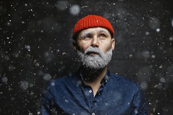 Brutal Hipster Com Cinza Barba Natal Inverno Retrato Brutal Santa — Fotografia de Stock