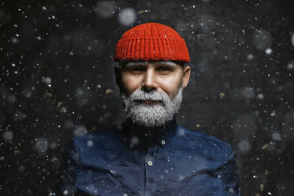 Hipster Jultomten Vinter Porträtt Man Med Skägg Grått Skägg Och — Stockfoto