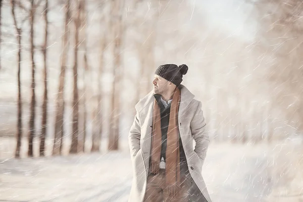 Fashionable Man Coat Winter Style Walk Backdrop Winter Landscape Snowy — Stock Photo, Image