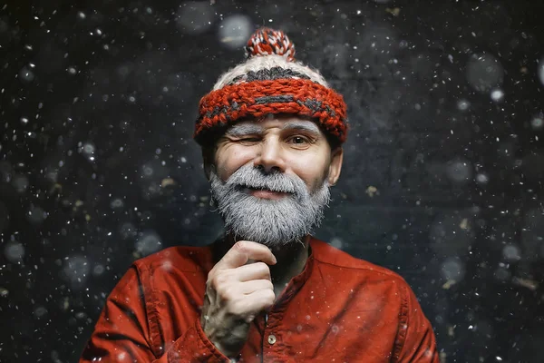 Hipster Santa Claus Inverno Retrato Homem Com Uma Barba Barba — Fotografia de Stock