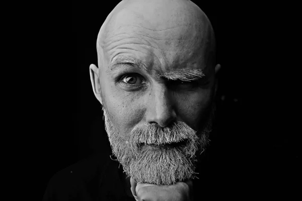 brutal bald bearded man / studio isolate, photo guy with a gray beard, bald head