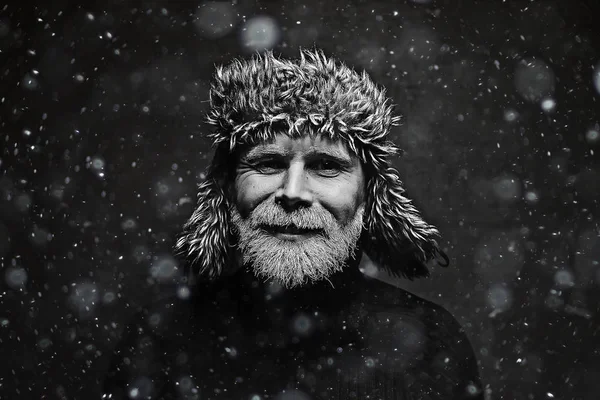 Hipster Jultomten Vinter Porträtt Man Med Skägg Grått Skägg Och — Stockfoto