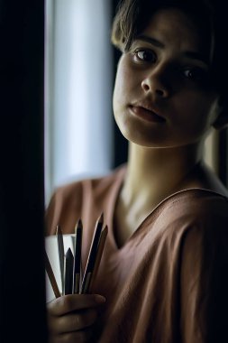 yetişkin kız kağıt kalem / güzel bir genç kız öğrencinin portresi, sanat okulu eğitimi, sanat eğitimi kavramı üzerine çizer