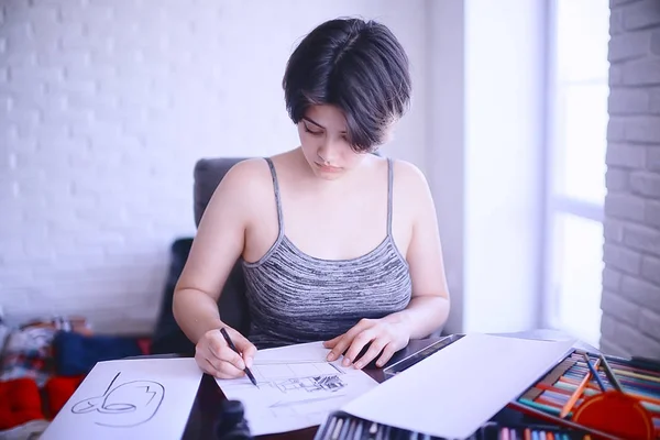 Retrato Uma Menina Designer Profissão Retrato Uma Bela Jovem Menina — Fotografia de Stock