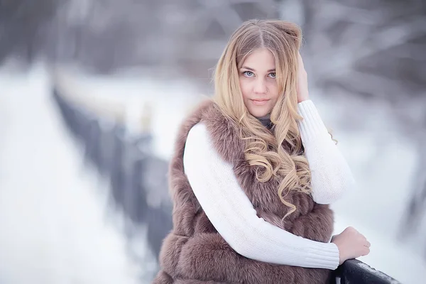 Spaziergang Einem Winterpark Weihnachtsmädchen Schönes Modell Posiert Der Wintersaison Spaziergang — Stockfoto