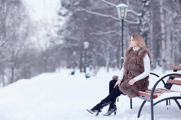 Spaziergang Einem Winterpark Weihnachtsmädchen Schönes Modell Posiert Der Wintersaison Spaziergang — Stockfoto