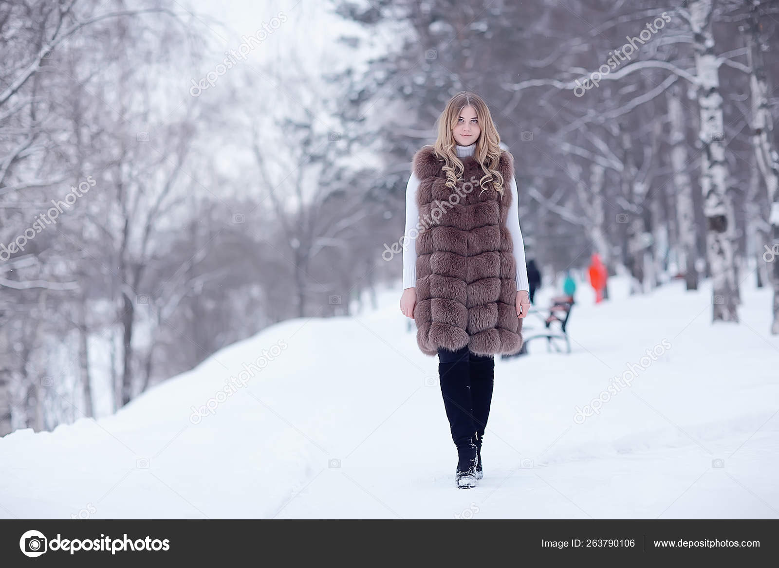Girl Fur Vest Walks Winter Adult Young Model Winter Clothes