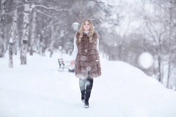 Séta Téli Parkban Karácsonyi Lány Gyönyörű Modell Pózol Téli Szezonban — Stock Fotó