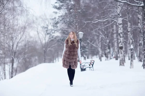 Passeggiata Parco Invernale Ragazza Natale Bella Modella Posa Nella Stagione — Foto Stock